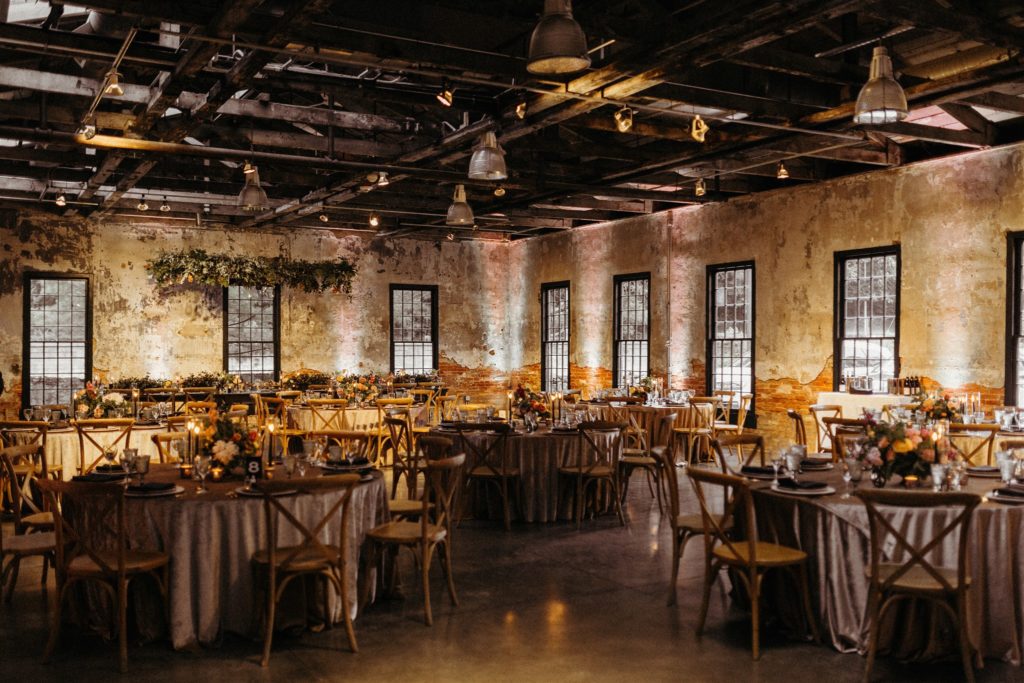 rustic industrial chic wedding mt washington mill dye house baltimore maryland the one moment events velvet wedding linen dark and moody wedding reception
