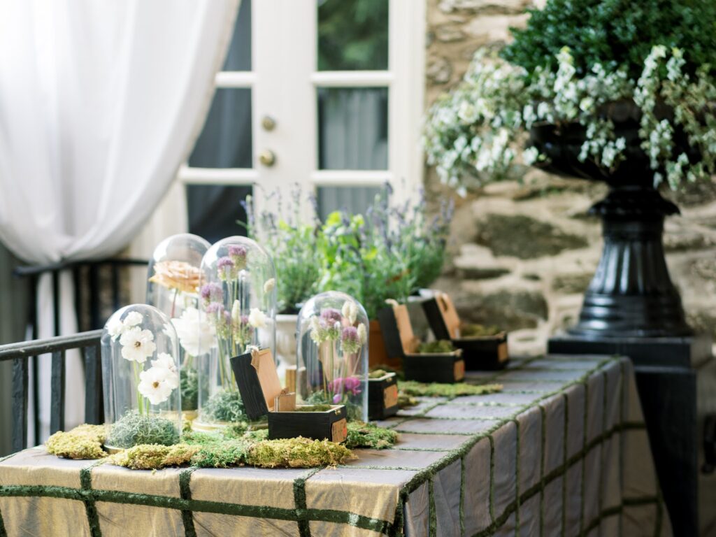 escort card table on a linen that looks like a garden pathway 