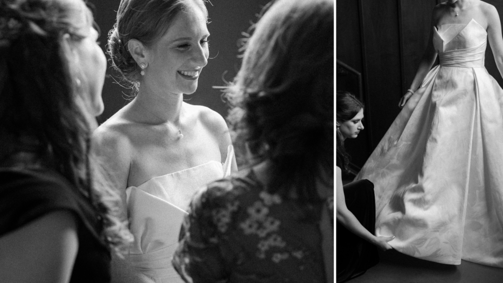 A bride gets dressed with the help of her mom and maid of honor at District Winery in DC 