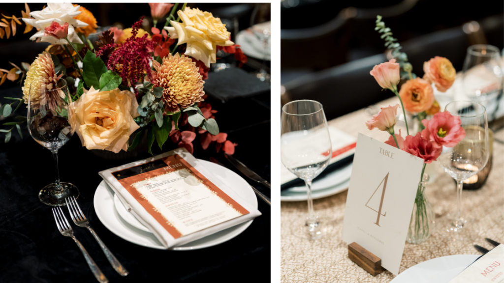 a fall wedding in DC by The One Moment Events. A moody tablescape with textured and patterned linens and fall flowers at District Winery