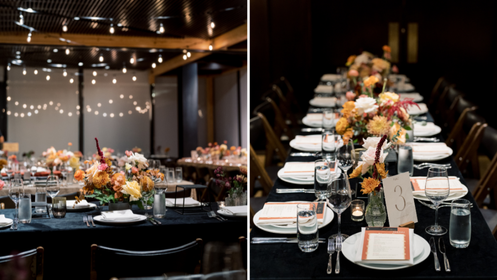 a fall wedding in DC by The One Moment Events. A moody tablescape with textured and patterned linens and fall flowers at District Winery