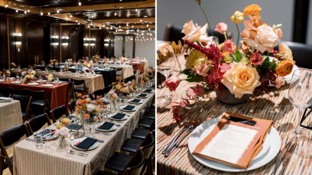 a fall wedding in DC by The One Moment Events. A moody tablescape with textured and patterned linens and fall flowers at District Winery