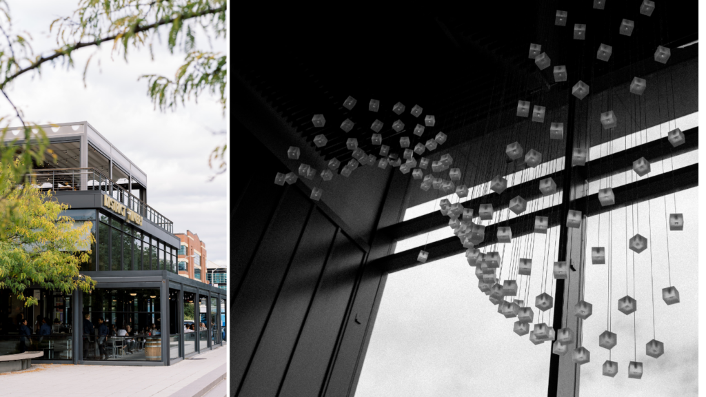 A modern chandelier above a 2 story foyer at District Winery. Fall wedding in DC at District Winery