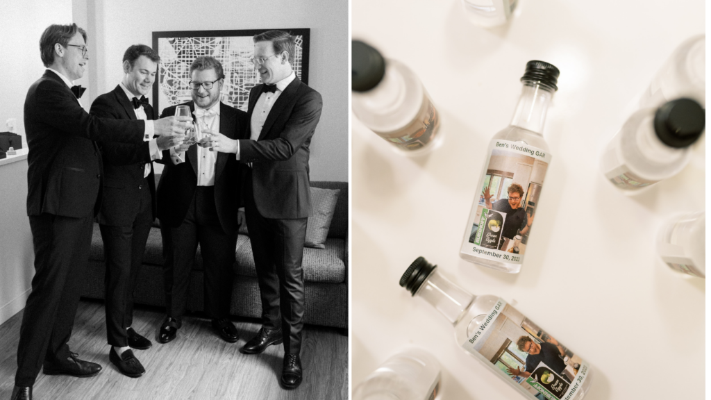 A groom celebrates with a cheers with his groomsmen with mini bottles of customized liquor 