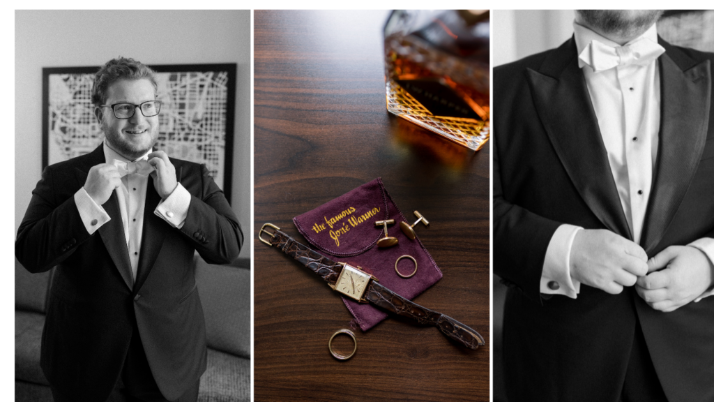 A groom gets ready with his watch and rings and whiskey 