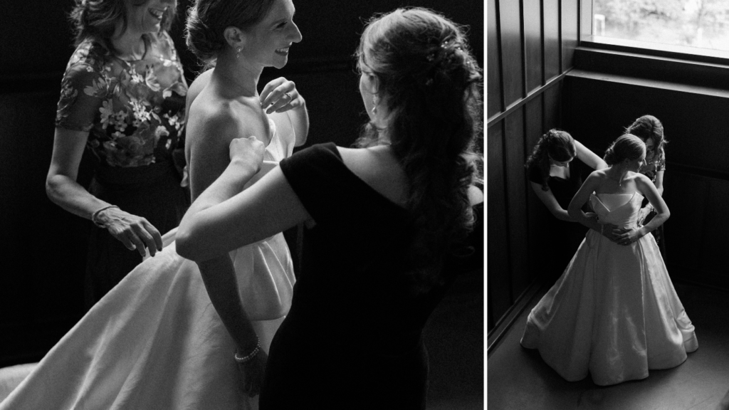 A bride gets dressed in the stairwell of District Winery in DC as her maid of honor and mom help her into her gown 