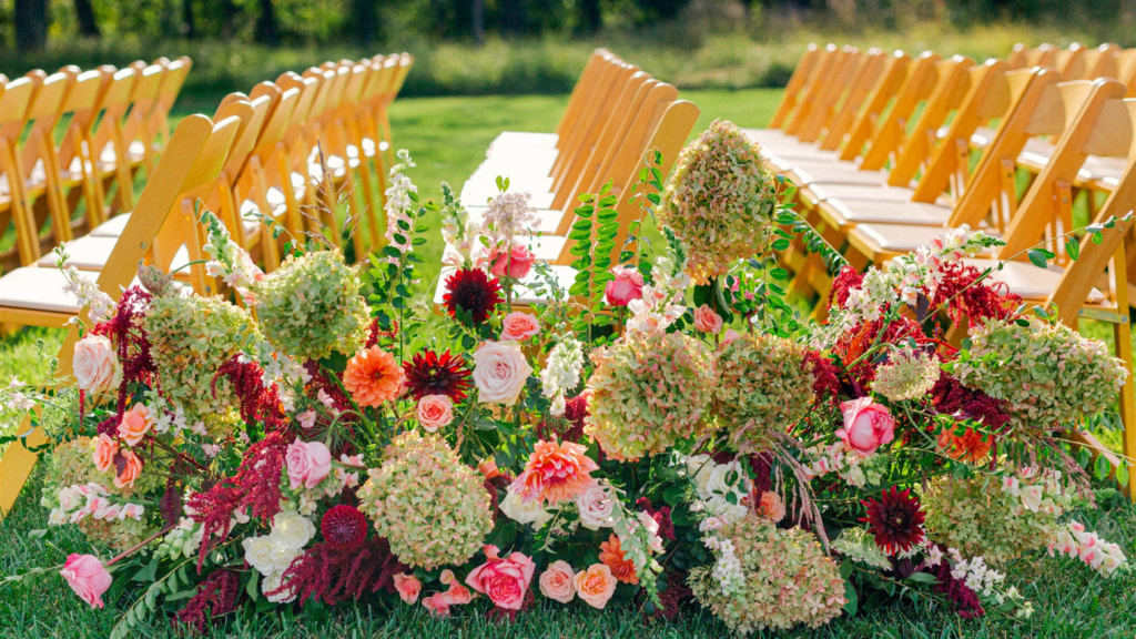 Bride and groom at hilltop ceremony at Tranquility Farm in Virginia