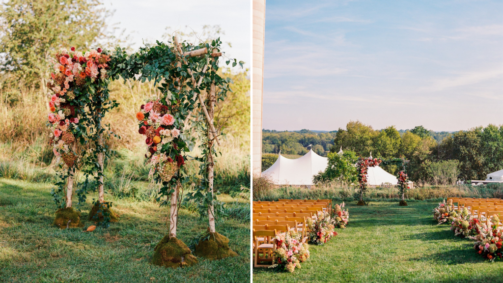 Bride and groom at hilltop ceremony at Tranquility Farm in Virginia