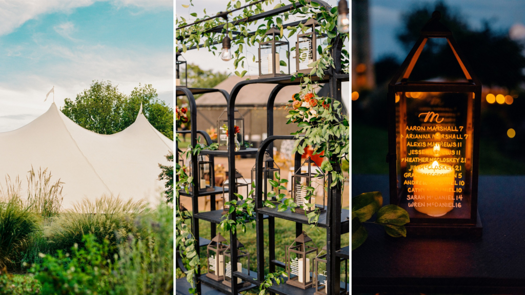 Virginia wedding seating chart with hand-lettered lanterns