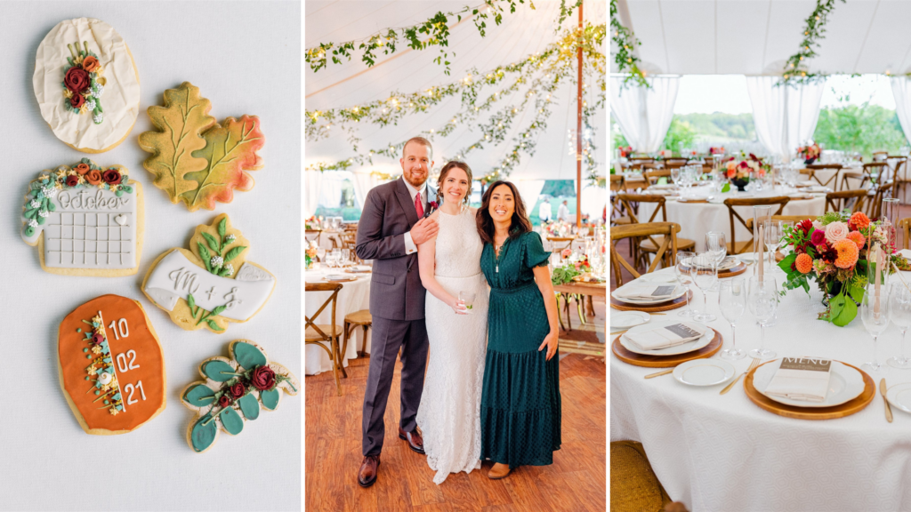 Rustic fall wedding tent with greenery canopy and dahlia centerpieces