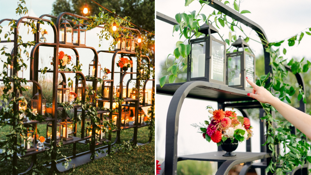 Virginia wedding seating chart with hand-lettered lanterns