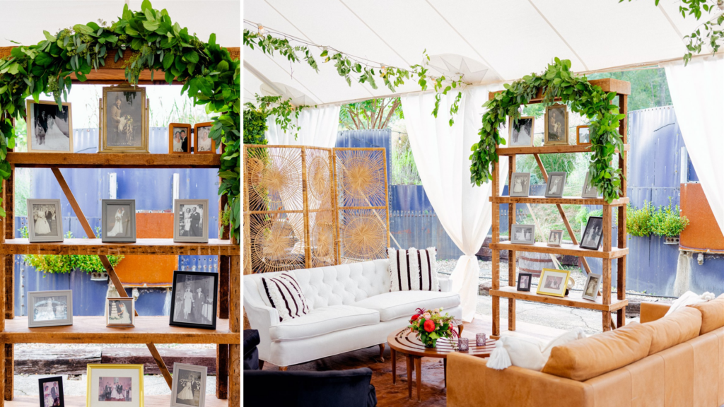 Rustic fall wedding tent with greenery canopy and dahlia centerpieces