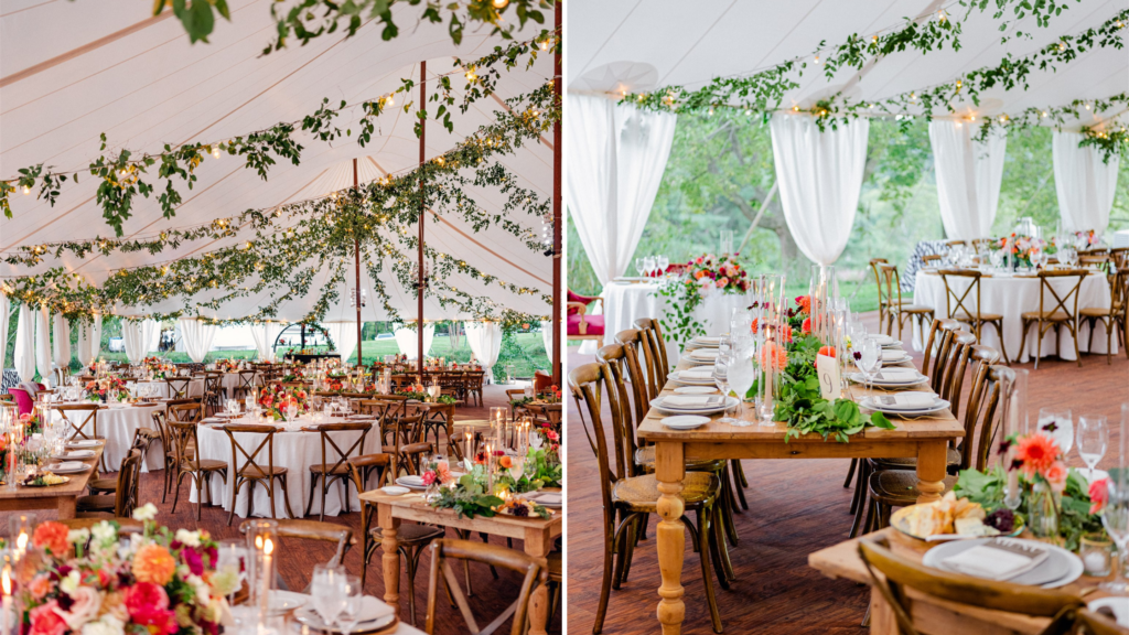 Rustic fall wedding tent with greenery canopy and dahlia centerpieces