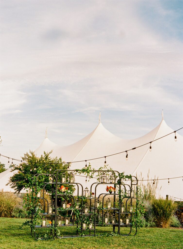 Virginia wedding seating chart with hand-lettered lanterns