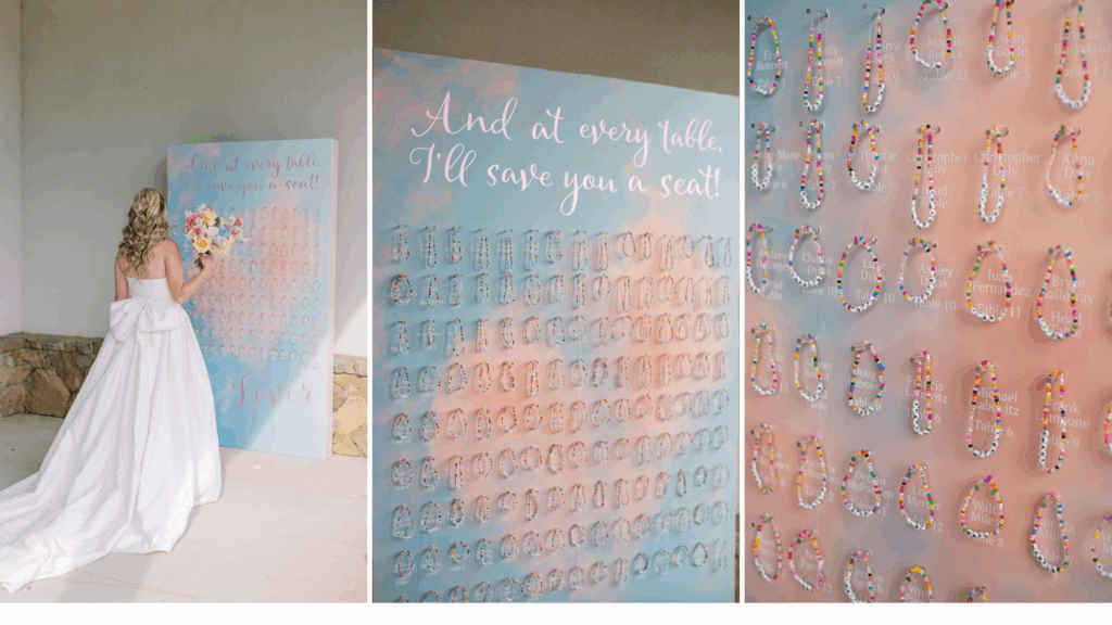 Taylor Swift themed escort display with a heart shaped cloud backdrop with the quote "And at every table, I'll save you a seat" from her album and song "Lover" on the wall are custom friendship bracelets made by their planner, Rachel of The One Moment Events painstakingly over months for each guest 