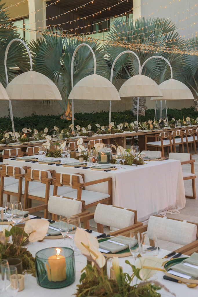 A luxurious wedding tablescape on a terrace in cabo mexico 