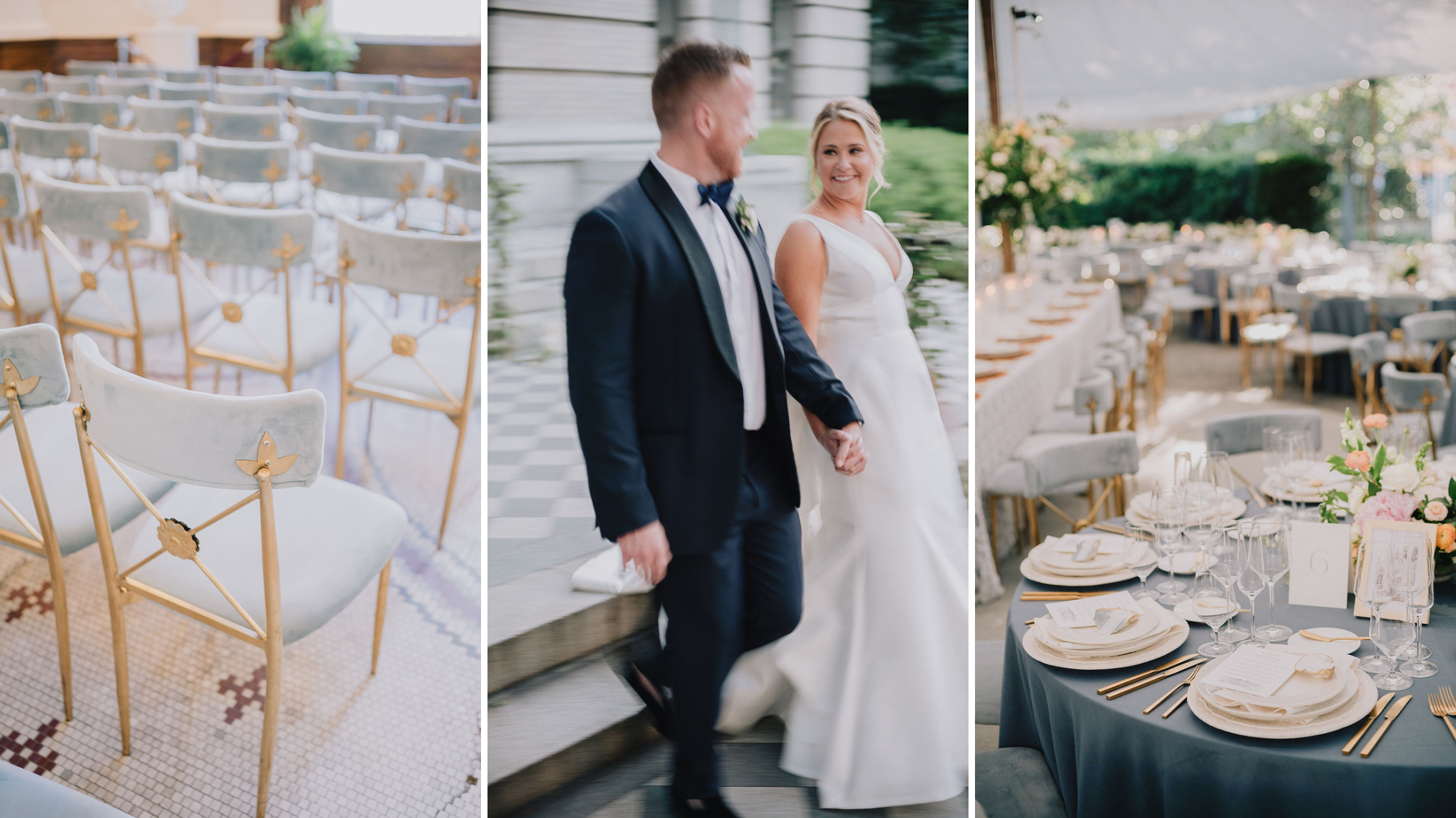 Gold painted oyster shell place cards and Ravenel Bridge menus for a Charleston courtyard wedding reception.